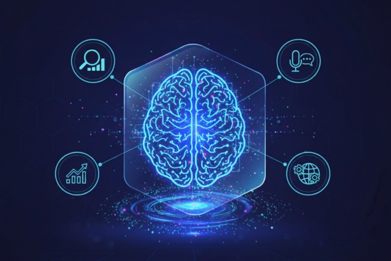 Illustration representing AppebSoft’s AI and machine learning solutions applied to real business use cases and data-driven systems