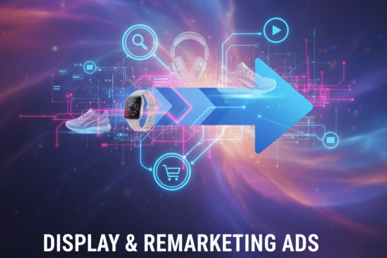 Illustration showing AppebSoft’s display and remarketing ad strategy designed to re-engage users and drive repeat conversions