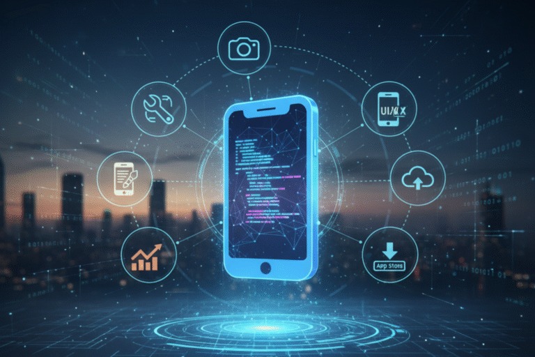 Illustration representing AppebSoft’s mobile app development services focused on performance, usability, and business objectives